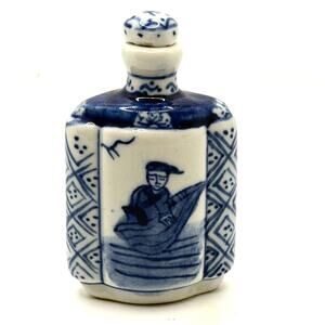 Vintage 70s Blue White Ceramic Scholar Nautical Scene Snuff Bottle